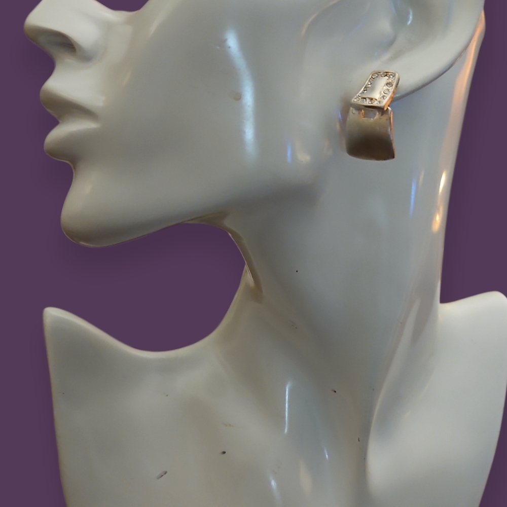 Vtg JS Matte Silvertone Rhinestone Curved Doorknocker Earrings FLAWED